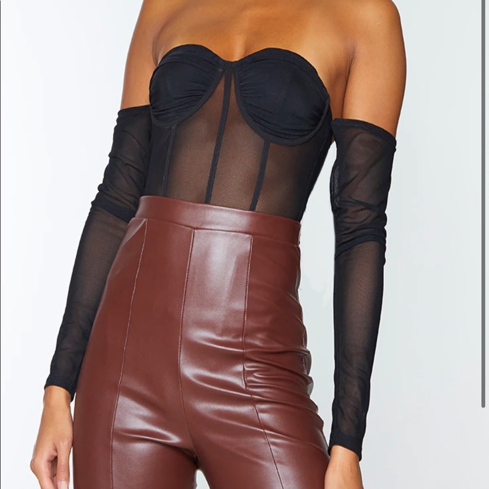 Black mesh Bardot ruched bust long sleeve bodysuit